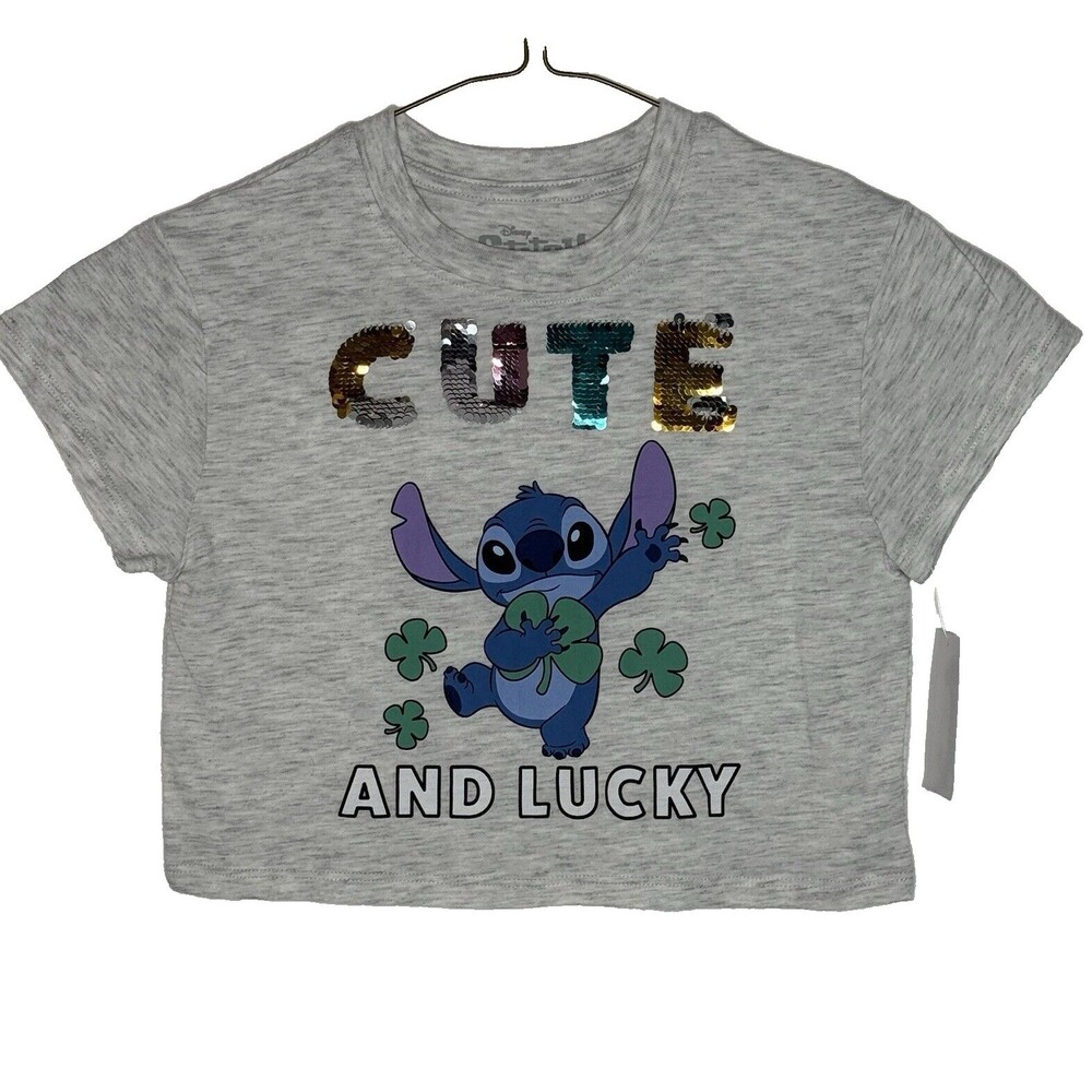 Disney Stitch Cute and Lucky Gray Cropped Girls St Patrick's Day T-Shirt XS NEW!